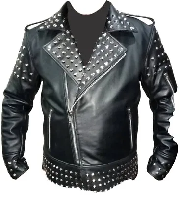 Buy Men's Genuine Cow Leather Studded Black Biker Style Jacket • 129.99£