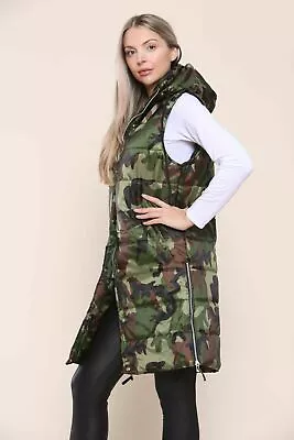 Buy Womens Camouflage Long Line Puffer Gilet Jacket Padded Top Body Warmer 6-16 • 27.95£
