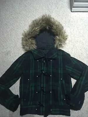 Buy Ladies TOPSHOP Black Green Check Short Hood  Faux Fur Mix Wool Jacket Size 8 90s • 19.99£