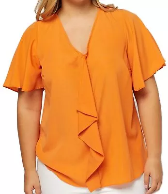 Buy Coral Orange Flared Sleeve Frilled Panel Tunic Top Large Cap Angel Sleeve Ladies • 9.95£