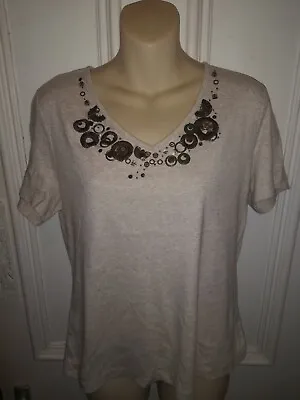 Buy Country Casuals Cream Vneck Short Sleeve T-shirt Bead Sequin Embroidery Size L • 9.99£