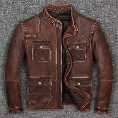 Buy Mens Biker Cafe Racer Vintage Motorcycle Distressed Brown Cowhide Leather Jacket • 35£