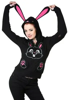 Buy Banned Black Women's Zip Up Rabbit Hoodie/Jacket With Skull Zip Pull Size 10-12 • 24.80£