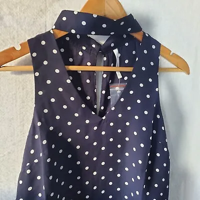 Buy Women's Shirt Dark Blue Top Sleeveless Dobby Polka Dot Mock Necked Keyhole  • 10.59£