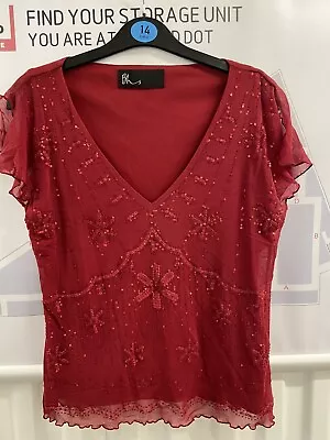 Buy BHS Red V Neck Lined T-shirt With Decorations Size 14 (19/5/24) • 3£