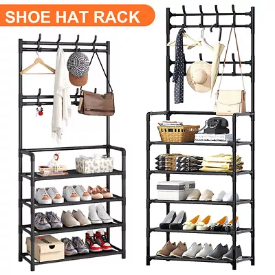 Buy 8 Hooks Clothes Coat And Hat Display Stand Shelf Hanger 4 Tier 5 Tier Shoe Rack • 13.99£