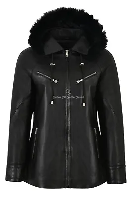 Buy Ladies Real Leather Jacket Black Fur Hooded Parka Style Hip Length Isabel 142 • 164.66£