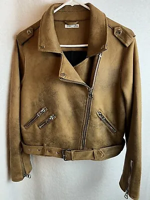 Buy Dex Women’s L Jacket Moto Bomber Brown Faux Leather Zip Short Coat Distressed • 21.84£