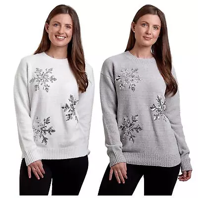 Buy Womens Christmas Jumper Sparkling Sequin Snowflakes Soft Knit Festive Fun • 15.99£