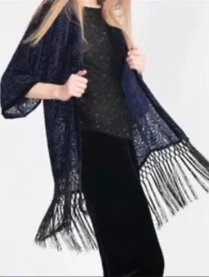 Buy Zara Bnwt Navy Blue Floral Paisley Velvet Kimono Dustercoat M Boho Tassel Deco • 49.99£