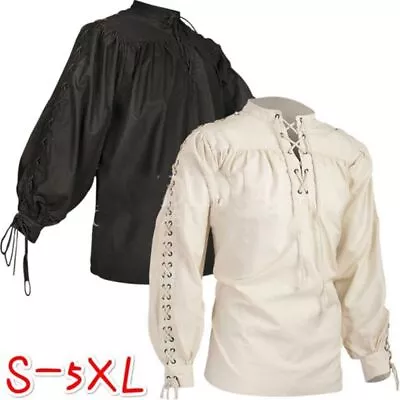 Buy Men Medieval Pirate Shirt Lace Up Retro Casual Tops Beach T-shirt Blouse Costume • 18.29£