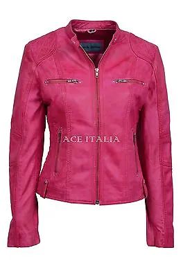 Buy SPEED Ladies Leather Jacket Pink Real Lambskin Leather Classic Biker Style 8322 • 95.79£