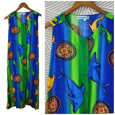 Buy Vintage Dolphin Dress Size Large Midi Tropical Luau Swim Cover Up Blue Green • 17.37£