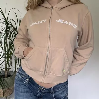 Buy DKNY Jeans Tan Zip Up Jacket Hoodie Embroidered Logo Crop/boxy Fits Women’s M • 35£