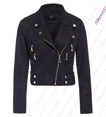 Buy Womens Faux Suede Biker Jacket Ladies Size 8 10 12 14 Black Grey New • 34.95£