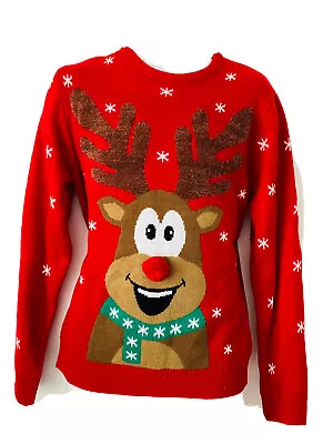 Buy Mens Christmas Jumper Red Reindeer Snowflake Tactile Sweater Festive Novelty • 7.99£