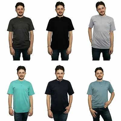 Buy Urban Fit Men Henley T-Shirt Plain Short Sleeve Grandad Collar Top Summer-(2073) • 7.32£