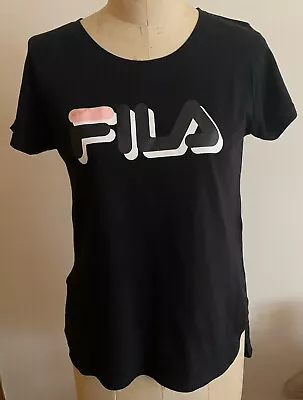 Buy FILA Lovely Black Logo T-Shirt With Asymmetrical Hem Size M • 8.99£