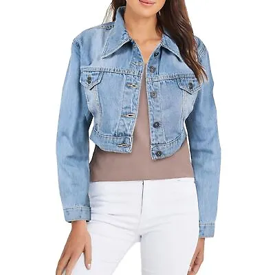Buy Ladies Cropped Light Blue Denim Jacket Premium Cotton Vintage Fashion Jeans • 24.99£