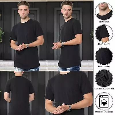 Buy Men’s Plain T-Shirt Cotton Short Sleeve Crew Neck Long T Shirt With Front Pocket • 5.49£