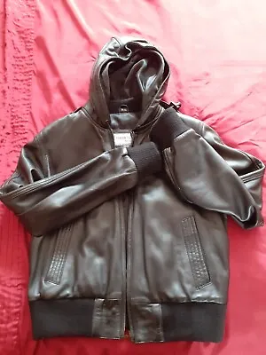 Buy Ladies Black Leather Hooded Jacket Size 12 Used • 50£