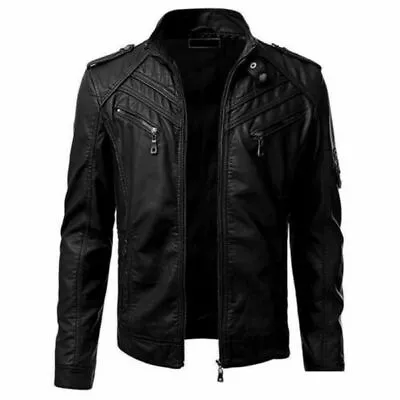 Buy Men's Leather Jacket PU Fit Motorcycler Biker Slim Jacket New Black And Wine Red • 40.09£