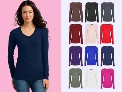 Buy Ladies Womans Basic Long Sleeve Plain V Neck Stretch Top T Shirt Plus Size 8-26 • 4.99£