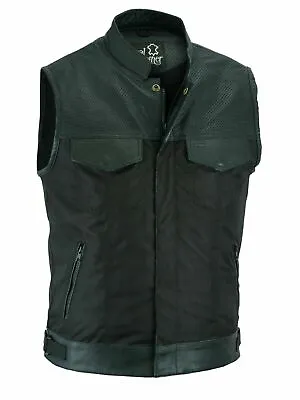 Buy Men's Real Genuine Leather Biker Codura Sons Of Anarchy Vest Fabric SOA Style • 40.90£