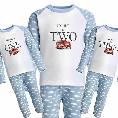 Buy CHILDRENS Personalised BIRTHDAY Pjs*blue Clouds ~I AM ONE,TWO,THREE,FIRE ENGINE • 13.99£