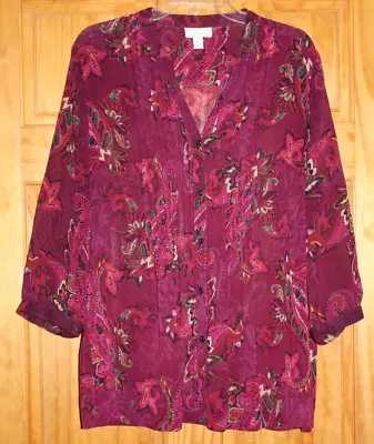 Buy Charter Club Womens ~Size XL~ Floral Peasant Blouse 3/4 Sleeve Semi Sheer Maroon • 8.52£