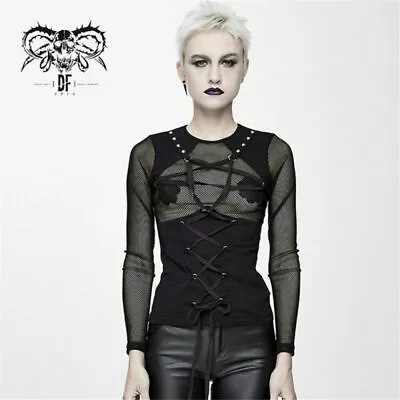Buy Women's Gothic T-shirts Sexy Mesh Splice Slim Fit Daily Casual Long Sleeve Tees • 28.79£