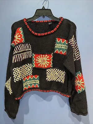Buy XL Christmas Sweater Heavy Cotton Crochet, Presents, Black Red Gold Croppy • 43.23£