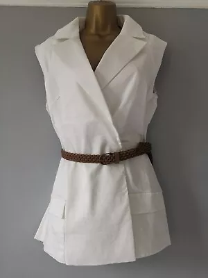 Buy Sleeveless Ladies White Smart Jacket Tailored Lined Cotton Summer Coat (No Belt) • 6.75£
