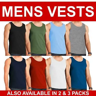 Buy Mens Vest Tops 100% Cotton Plain Classic Vests Summer Training Gym Tank Top Pack • 4.49£