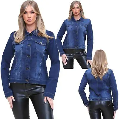 Buy Ladies Button Up Coat Cotton Rich Stretch Jeans Denim Jacket Long Sleeve Top • 11.19£