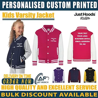 Buy Personalised Custom Just Hoods Awdis Kids Varsity Jacket Baseball School JH43J • 17.49£