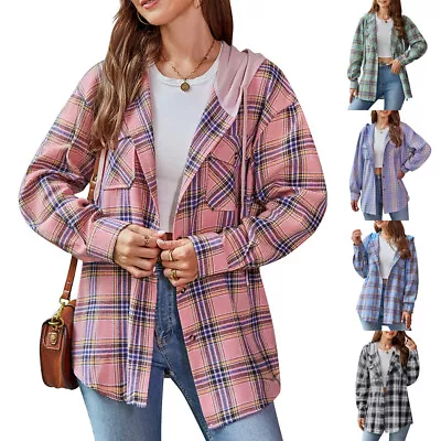 Buy Womens Check Casual Hooded Jacket Shacket Tops Shirt Baggy Coat Blouse Size 8-22 • 16.79£