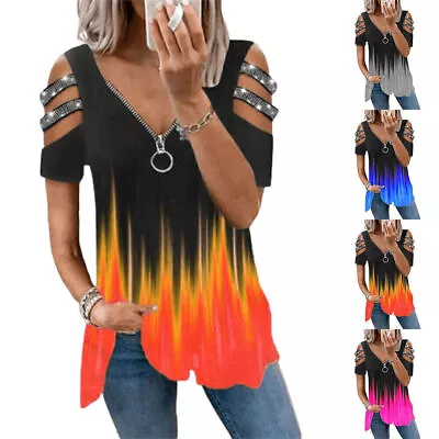 Buy Ladies Loose Tie Dye T-Shirt V-Neck Hollow Cold Shoulder Blouse Casual Top Loose • 14.49£