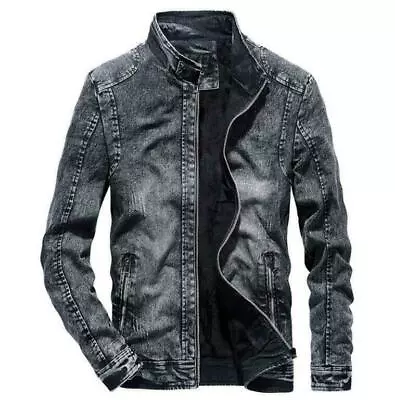 Buy Men's Thicken Denim Jacket Zipper Slim Fit Winter Warm Outwear Stand Collar Coat • 31.32£