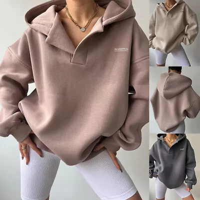 Buy Plus Size Women Fleece Hoodies Tops Ladies Casual Baggy V Neck Hooded Sweatshirt • 20.36£