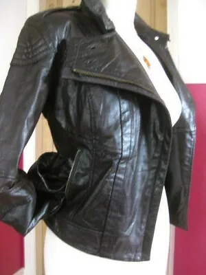 Buy NEXT Leather BIKER JACKET COAT 10 Military Distressed Indie Steampunk Soft Brown • 74.99£