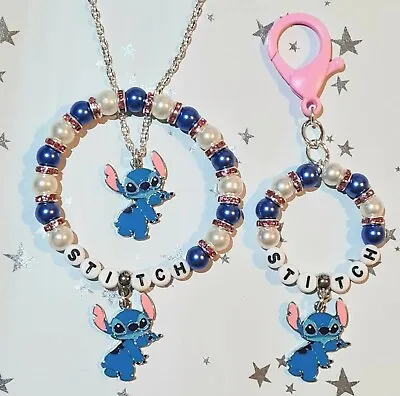 Buy New Stitch Diamante Bead Bracelet Charm Necklace & Clip On Keychain In Gift Bag  • 7.49£