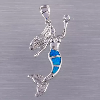 Buy Ocean Blue Fire Opal CZ Mermaid Silver Jewellery Pendant For Necklace • 3.75£