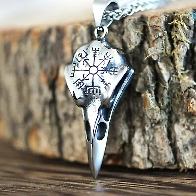 Buy Stainless Steel Norse Viking Raven Crow Crows Head Skull Runes Pendant Necklace • 13.95£