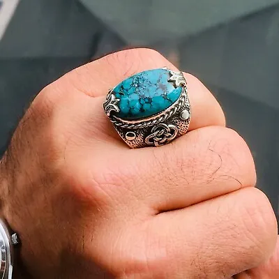 Buy 925 Sterling Silver Turquoise Men's Ring Handmade Unique Turkish Jewelry Firoza • 159.25£