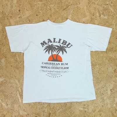 Buy Vintage Mens MALIBU CARIBBEAN RUM T-Shirt | Tropical Coconut Barbados | XL White • 29.99£