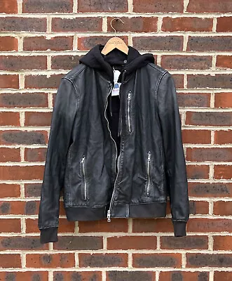 Buy All Saints Mens ABBOT Hooded Leather Bomber Jacket Biker SMALL AllSaints B26 • 209.99£
