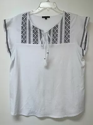 Buy Adrianna Papell Top XL  White Peasant  Black Embroidery Keyhole Tie Front • 11.33£