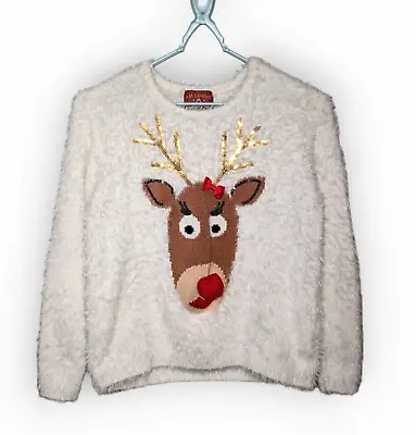 Buy Fluffy White Christmas Jumper Womens Size L Rudolph Reindeer Great Condition • 12.50£