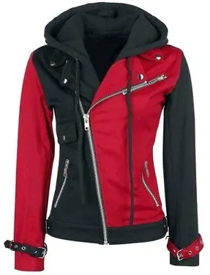 Buy Women's Psychotic Harley Quinn Red & Black Biker Cotton Hoodie Jacket • 110.87£